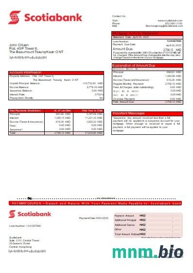 Hong Kong Bank Scotiabank wyciąg z kredytu hipotecznego szablon Word i PDF